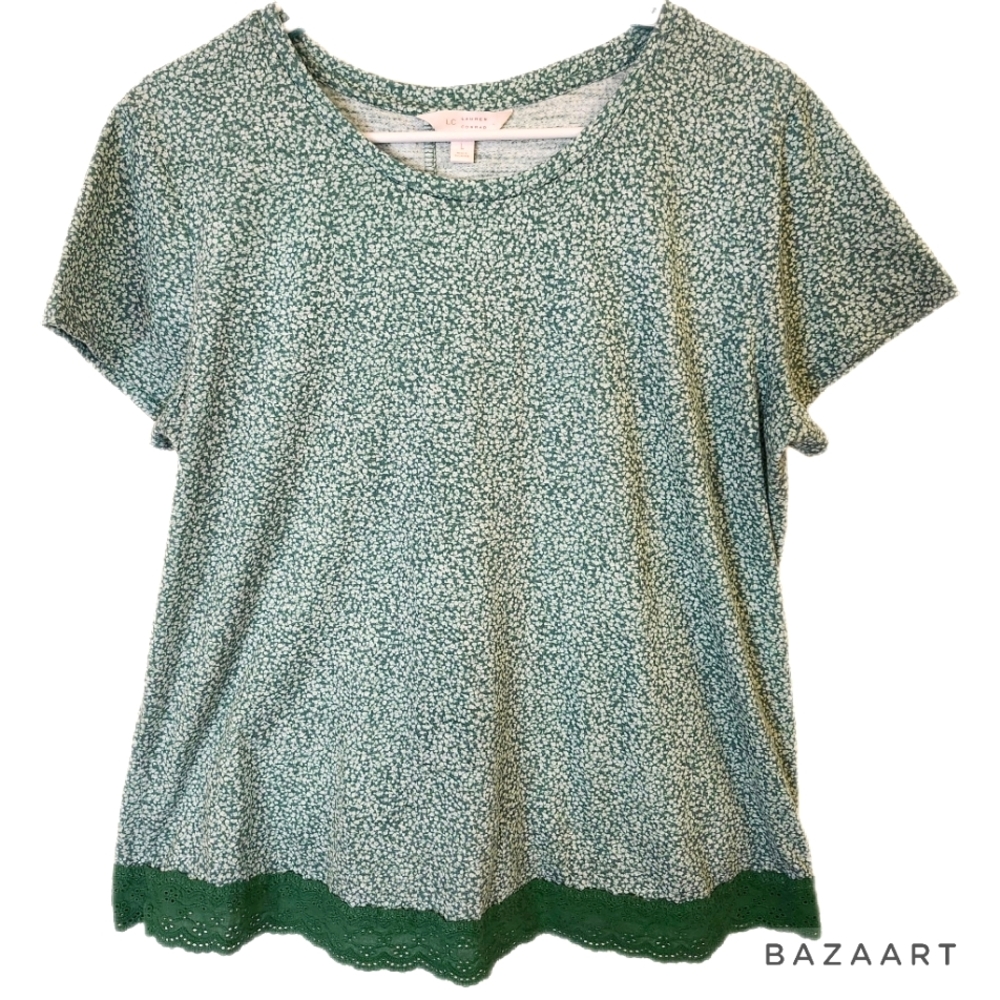 LC Lauren Conrad Green Microprint Short Sleeve Tee with Dark Green Lace Trim